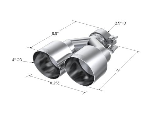 T304 Stainless Steel Tip 2.5 Inch ID Dual 4 Inch OD Out 9.55 Inch Length Single Wall MBRP