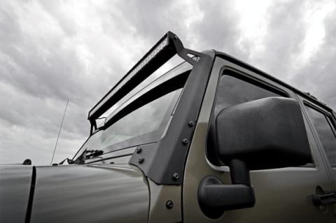 Jeep 50-Inch Straight LED Light Bar Upper Windshield Kit w/ 50 Inch Black Series LED Light w/ Amber DRL 07-18 Wrangler JK Rough Country